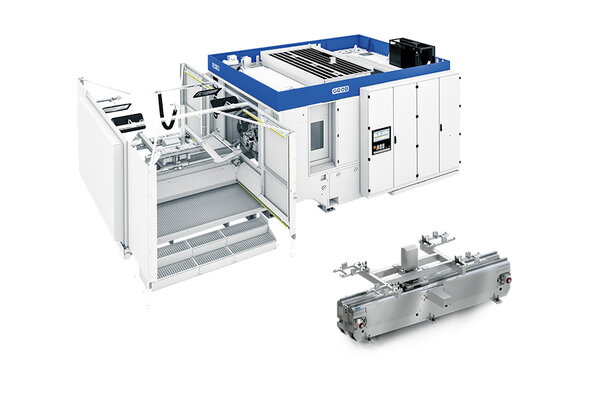 Im Bild ist eine GROB Fertigungsmaschine zu sehen, die mit einem Schwenkwechsler ausgestattet ist, ideal für effiziente Produktionsprozesse.
