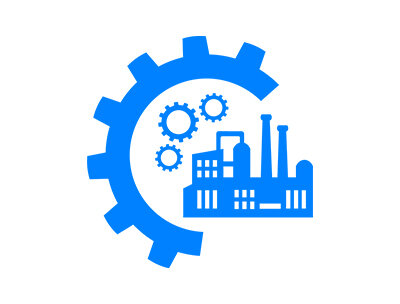 Ein stilisiertes Zahnrad umschließt eine Fabrik mit Schornsteinen und Zahnrädern, was industrielle Effizienz symbolisiert.
