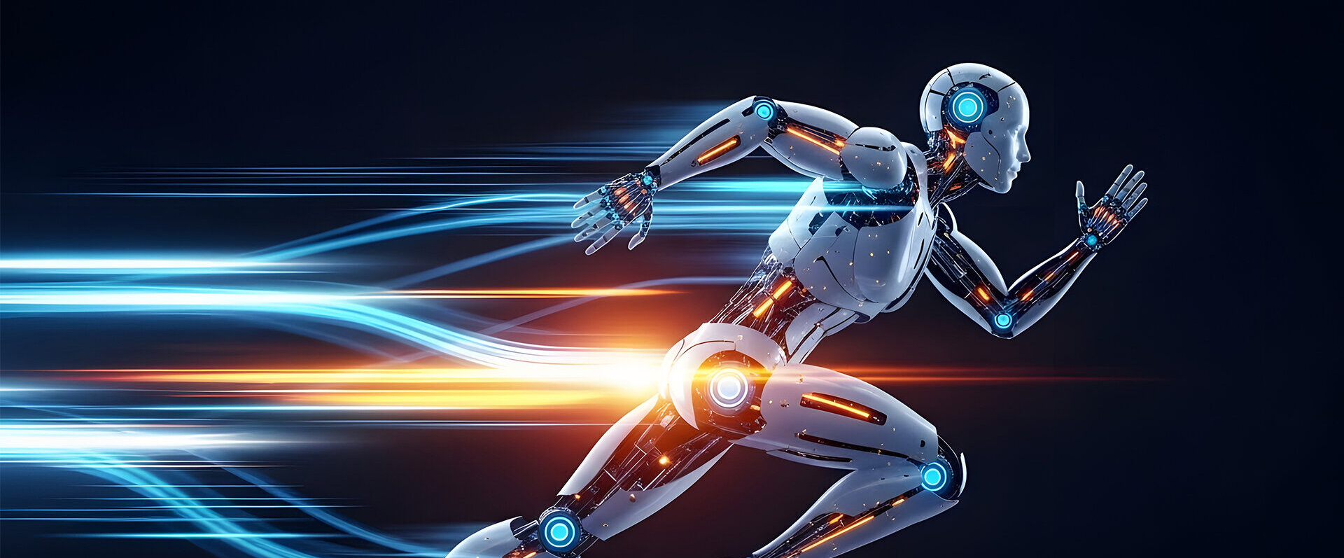 Ein humanoider Roboter sprintet mit dynamischen Lichtstrahlen, die seine Geschwindigkeit und Energie betonen.