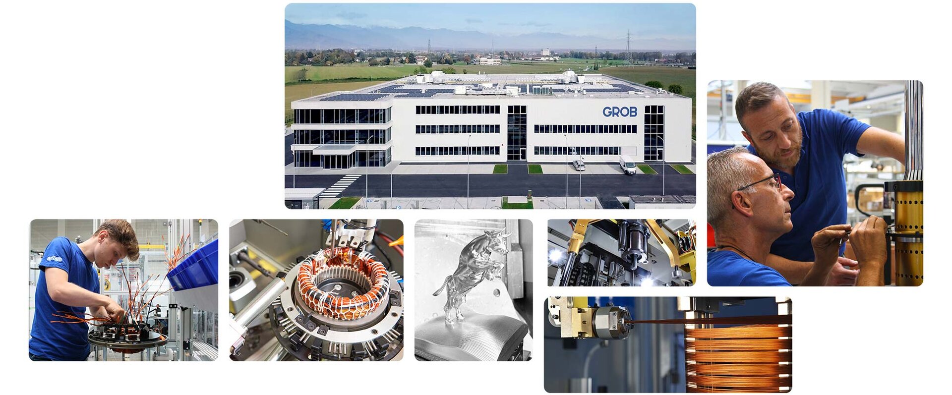 Zwei Techniker arbeiten konzentriert an einer Maschine, während Kabel und Drähte um sie herum sichtbar sind.