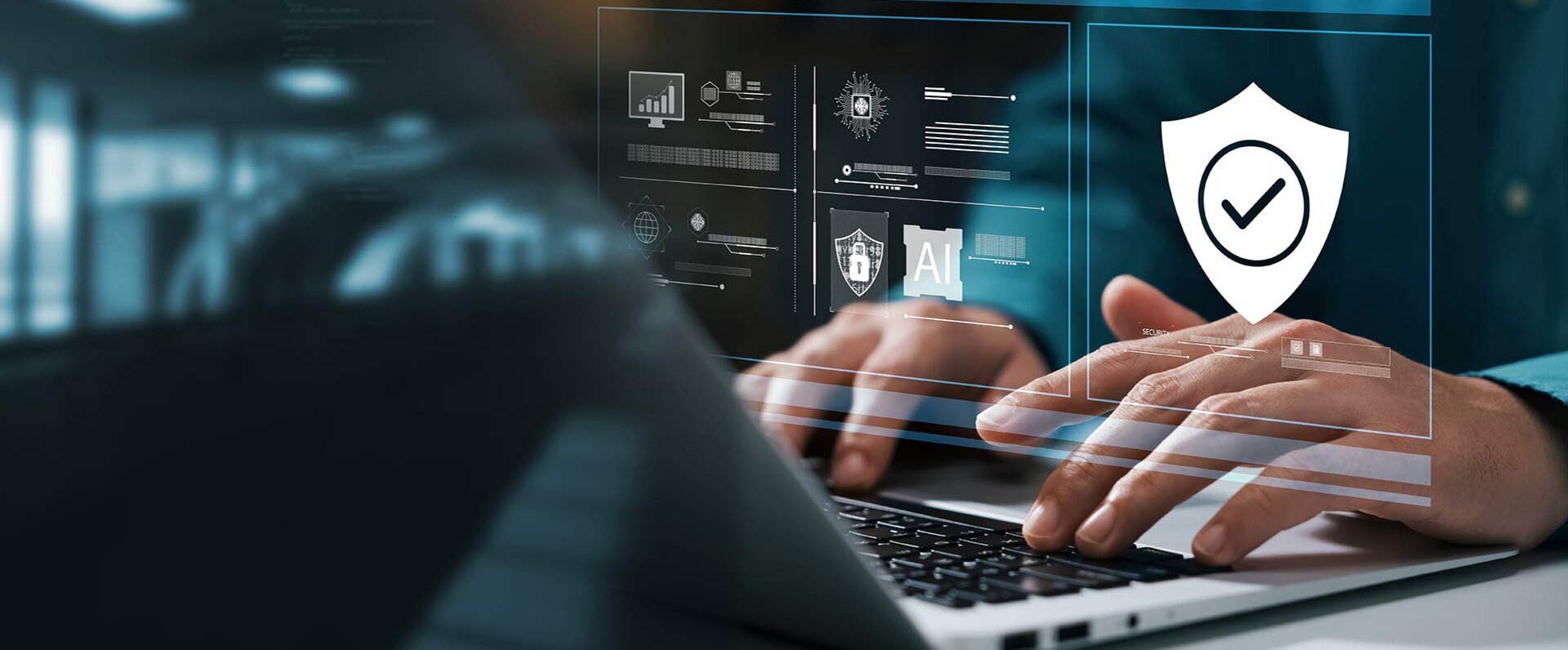 Hände tippen auf einer Laptop-Tastatur, umgeben von holografischen Cybersecurity-Symbolen und Datenanalysen.