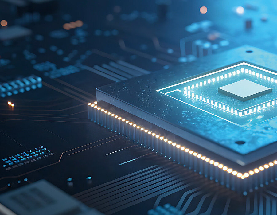 Ein hochauflösender Mikrochip auf einer Leiterplatte, umgeben von leuchtenden elektrischen Verbindungen und komplexen Schaltkreisen.