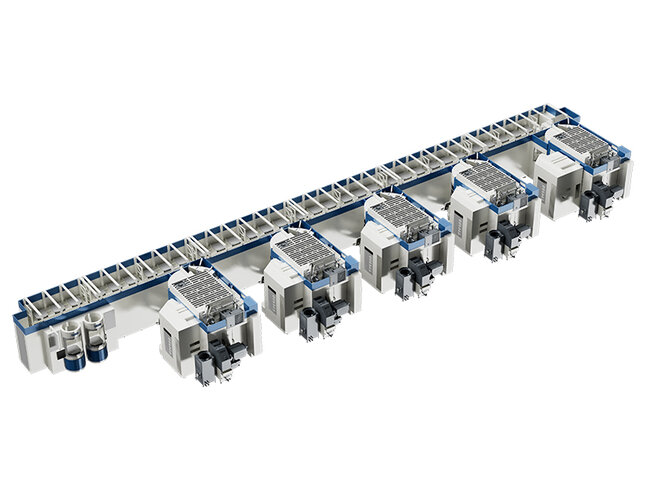 Flexible Fertigungsanlage von GROB mit mehreren Bearbeitungszentren und Palettenlinearsystem.