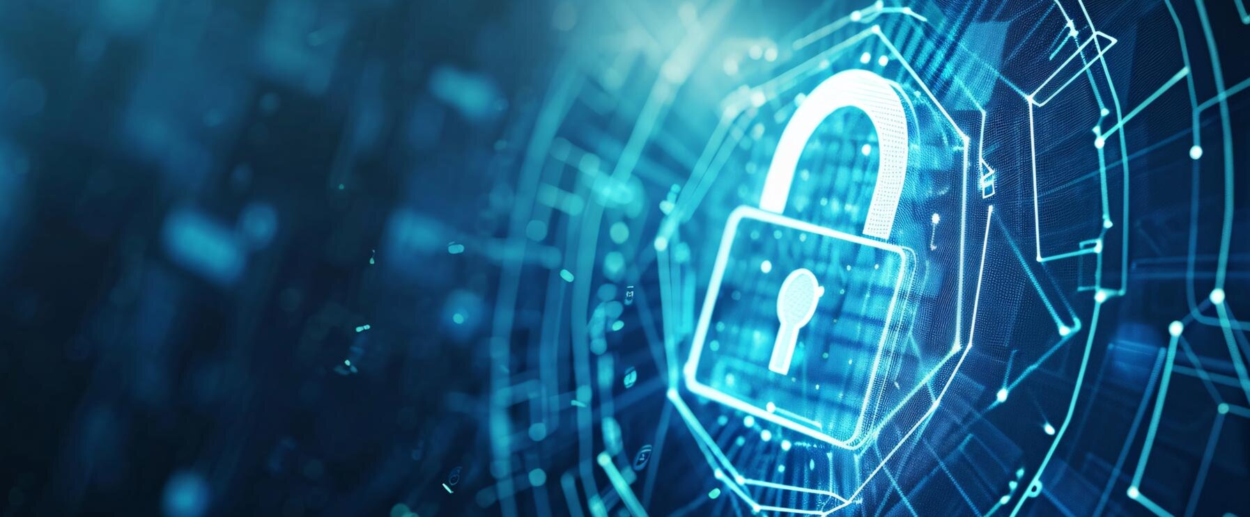 Ein leuchtendes Schloss-Symbol vor einem digitalen Hintergrund, das Sicherheit und Schutz in der Cyberwelt symbolisiert.