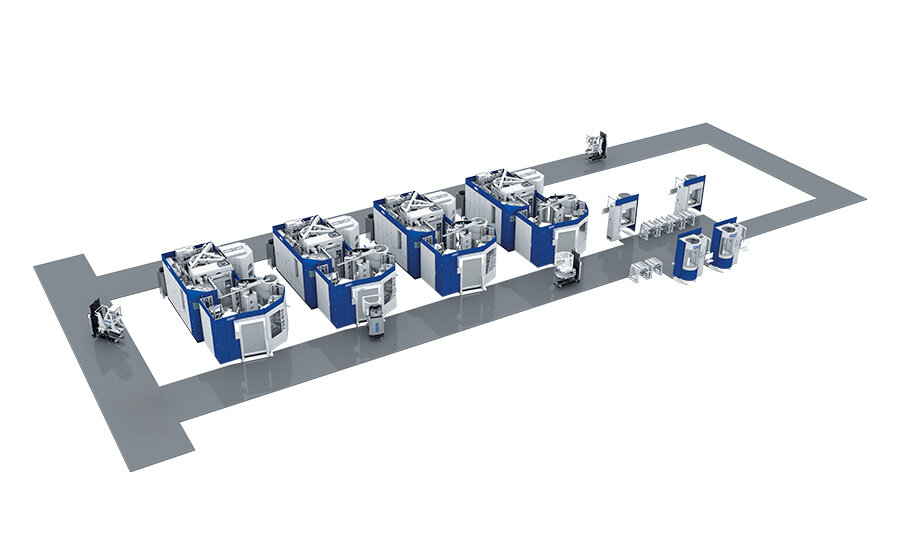 In der GROB-Anlage sind mehrere hochmoderne Maschinen, Palettenspeichersysteme und fahrerlose Transportsysteme zu sehen, die für die industrielle Fertigung konzipiert sind.