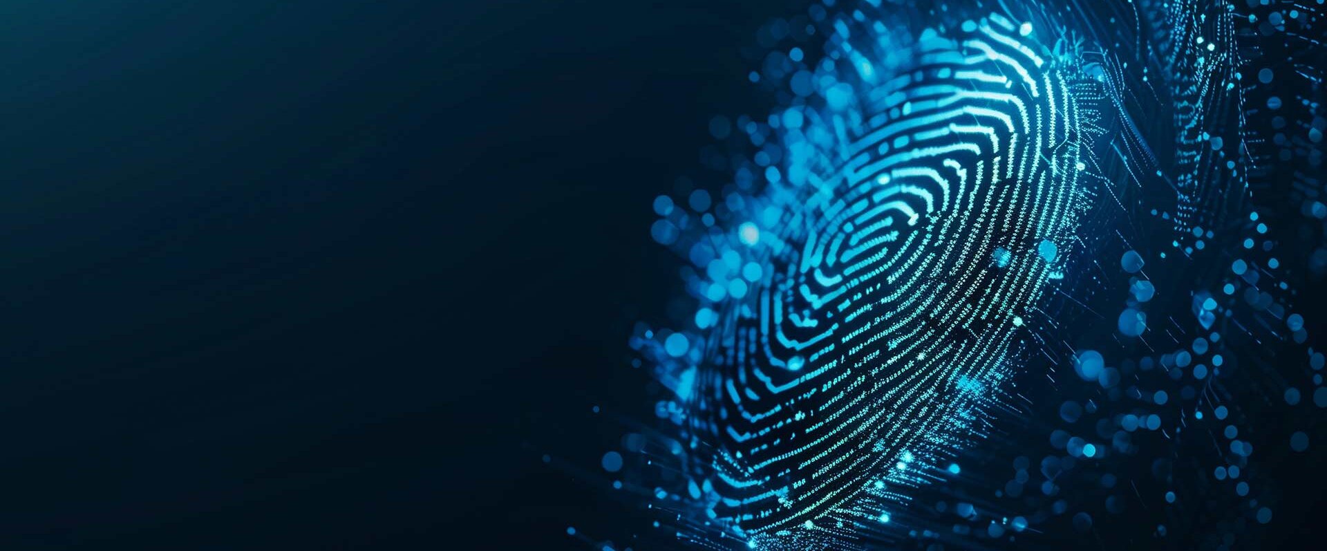 Ein leuchtender Fingerabdruck in blauen und grünen Tönen, der digitale Sicherheit und Datenschutz symbolisiert.