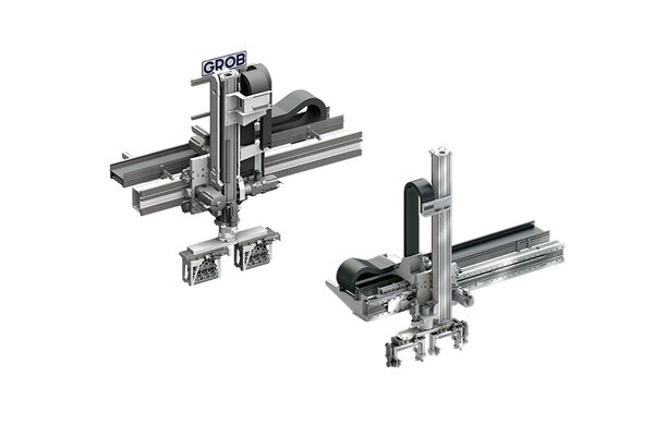 Zwei hochmoderne Linearportale von GROB, die präzise Bewegungen in der Automatisierungstechnik ermöglichen.