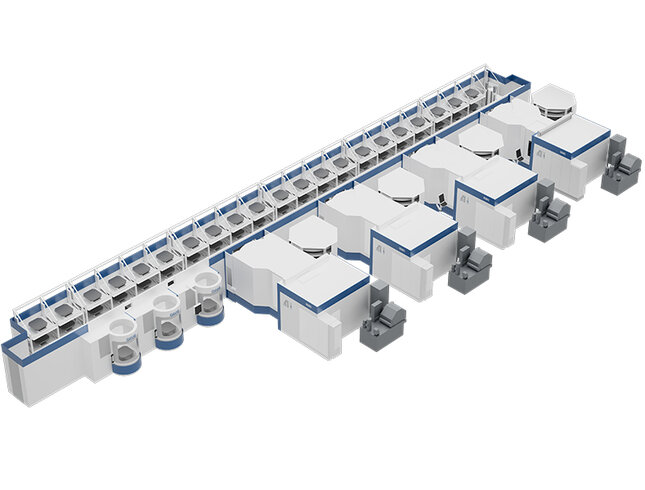 Flexible Fertigungsanlage von GROB mit mehreren Bearbeitungszentren und Palettenlinearsystem.