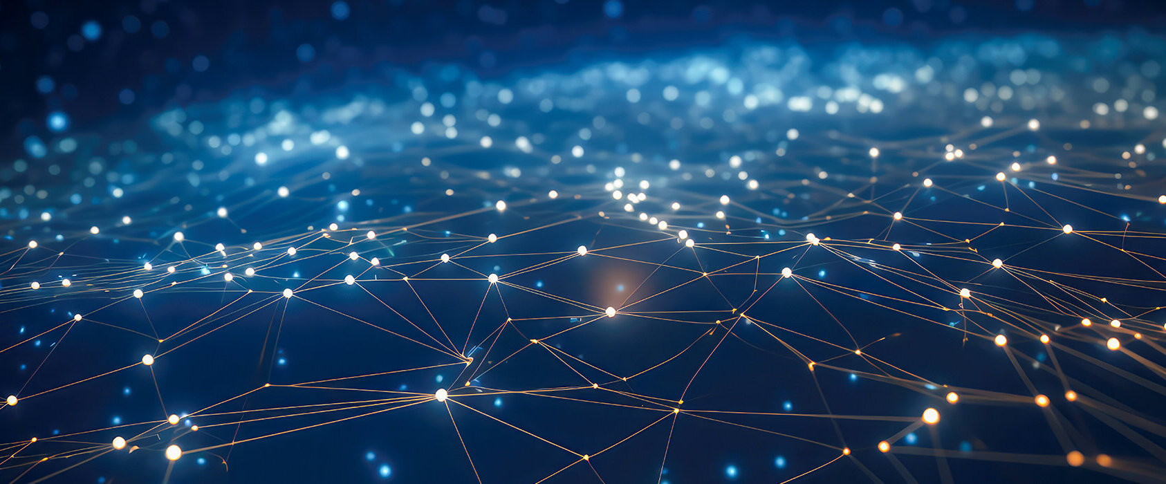 Ein Netzwerk aus leuchtenden Punkten und Linien erstreckt sich über einen dunklen Hintergrund, der eine digitale Landschaft darstellt.
