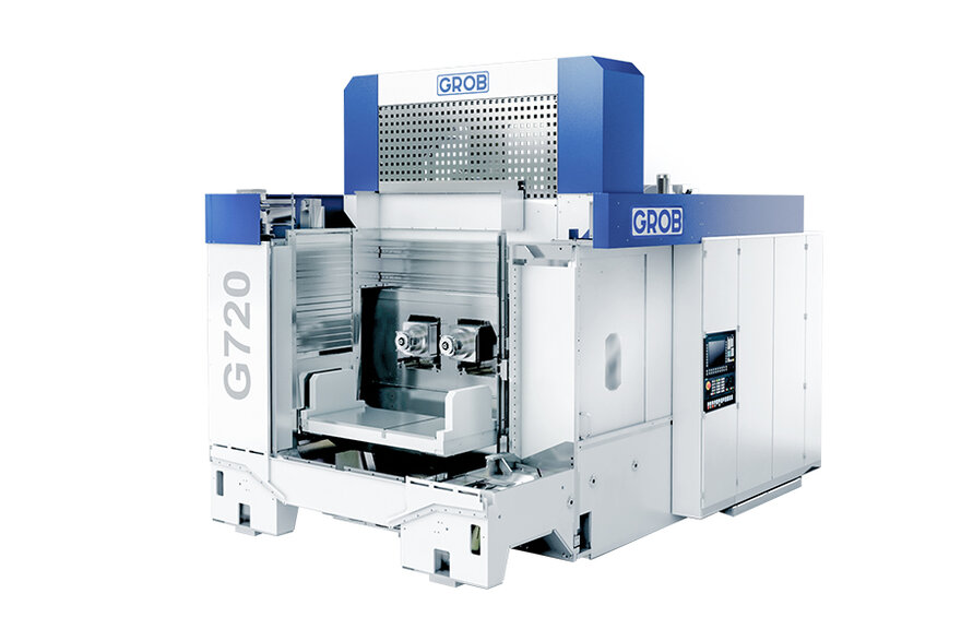 Die G720 von GROB ist ein hochmodernes Bearbeitungszentrum mit zwei präzisen Bearbeitungsspindeln für eine effiziente Fertigung.