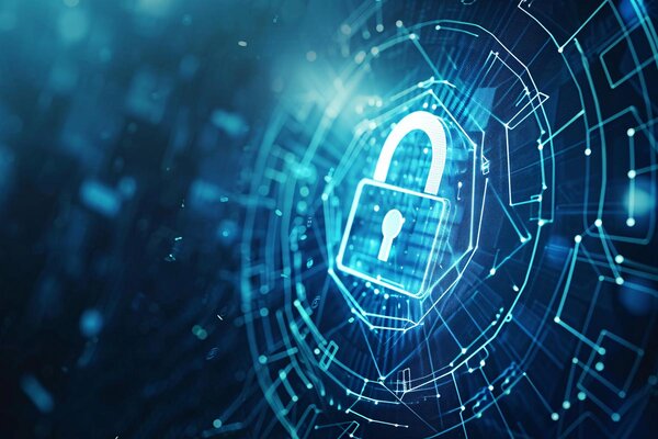Ein digitales Schloss-Symbol vor einem futuristischen, blauen Hintergrund, das Sicherheit und Schutz in der Cyberwelt symbolisiert.