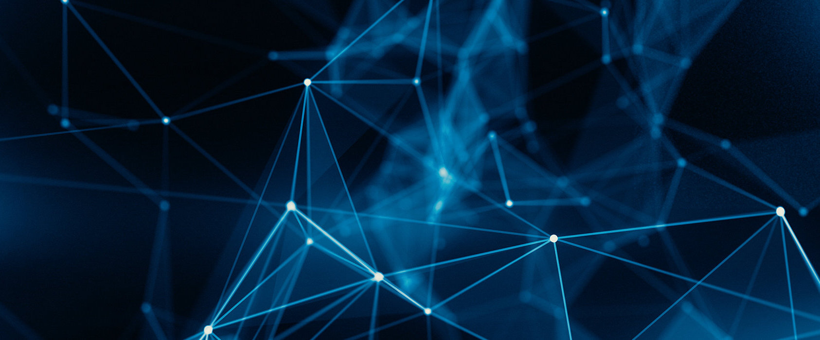 Ein abstraktes Netzwerk aus leuchtenden blauen Linien und Punkten, das eine digitale Verbindung darstellt.
