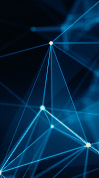 Ein dynamisches Netzwerk aus leuchtenden blauen Linien und Punkten, das digitale Verbindungen symbolisiert und Innovation darstellt.