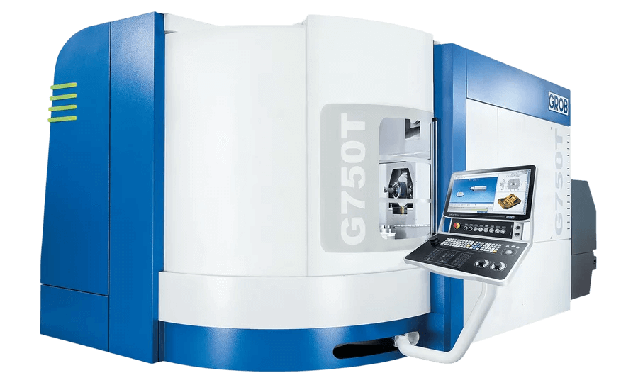 Die GROB G750T ist eine hochmoderne CNC-Maschine mit einem großen, weißen Gehäuse und blauen Akzenten.