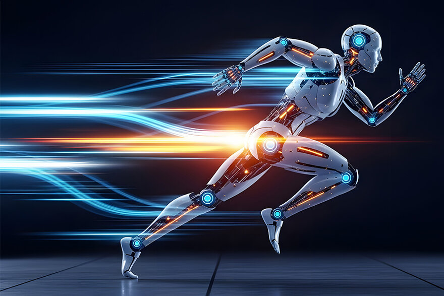 Ein humanoider Roboter sprintet mit dynamischen Lichtstrahlen, die seine Geschwindigkeit und Energie betonen.