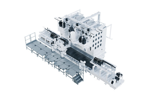 Eine hochmoderne Fertigungsmaschine von GROB zur Bearbeitung von Zylinderblöcken.