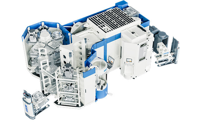 Detailreiche Ansicht eines GROB-Palettenspeichersystems, das für seine Effizienz und Vielseitigkeit in der industriellen Fertigung bekannt ist.