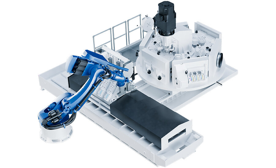 Ein Roboterarm von GROB positioniert einen Zylinderblock auf einer hochmodernen Bearbeitungsstation.