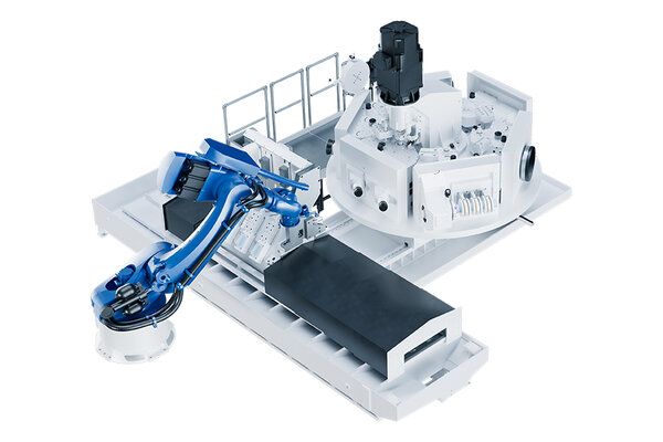 Ein Roboterarm von GROB positioniert einen Zylinderblock auf einer hochmodernen Bearbeitungsstation.